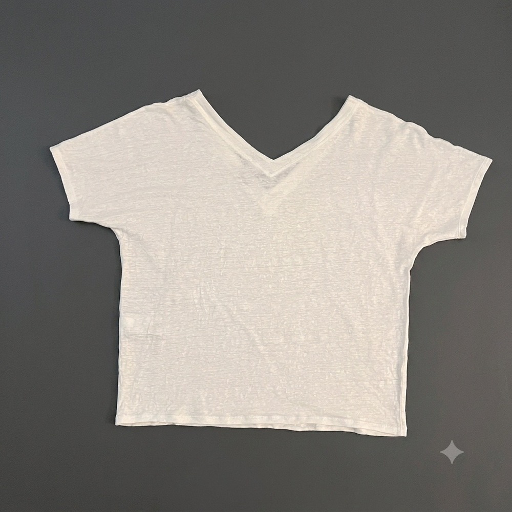 Chicos White 100% Linen V-Neck T-Shirt Short Sleeve Top Womens Size 1 Medium - Picture 2 of 4